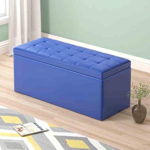 Stilvolle blaue Aufbewahrungsbank mit Massivholzrahmen, eleganter rechteckiger Leder-Pouf für Schlafzimmer oder Eingangsbereich, funktionale Fußstütze und Lösung von Generisch