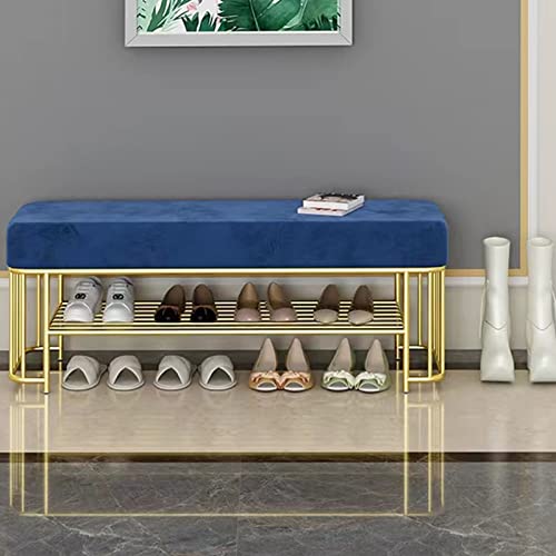 Stilvolle blaue Samt-gepolsterte Schuhbank mit Metallregal und 2 Ablagen – perfekt für Eingangsbereich, Wohnzimmer oder Ende des Bettes – funktionale und schicke Aufbewahrungslösung von Generisch