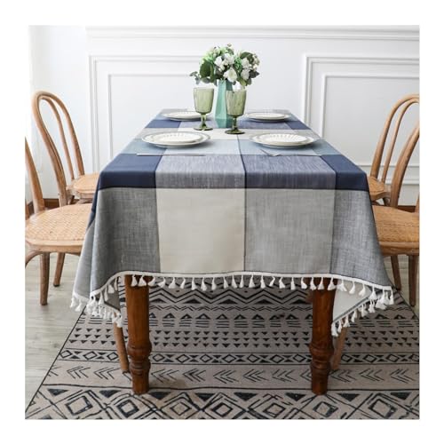 Stilvolle grau-blaue rechteckige Tischdecke, 140 x 240 cm, waschbar, Polyester, kariert, Tischdecke mit Quasten, für Picknickpartys und Esszimmer, elegant von Generisch