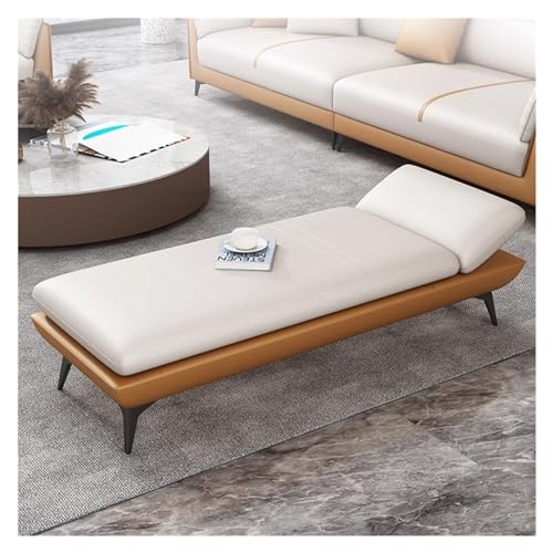 Stilvolle orangefarbene Leder-Bettbank mit weich gepolstertem Sitz und Metallbeinen, bequemer Fußhocker für Wohnzimmer, Eingangsbereich, Schlafzimmer und Esszimmer – 120 x 50 x 42 cm von Generisch