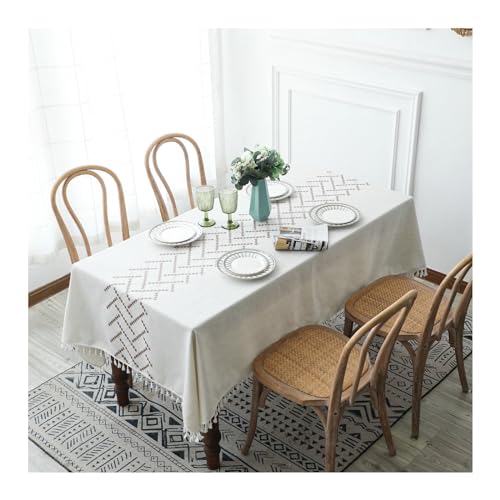 Stilvolle rechteckige Tischdecke, 140 x 140 cm, waschbar, Polyester mit gesticktem Rautenmuster und Quasten, perfekt für Innen- und Außenbereich, Beige / Weiß Stilvolle rechteckige Tischdecke, 140 x 140 cm, waschbar, Polyester mit gesticktem Rautenmuster und Quasten, perfekt für Innen- und Außenbereich, Beige / Weiß von Generisch
