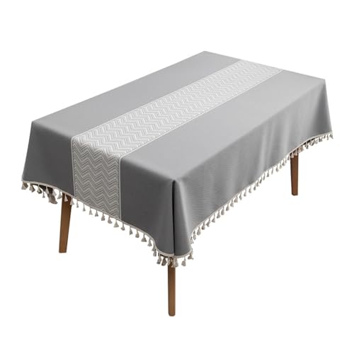 Stilvolle rechteckige Tischdecke, 140 x 260 cm, waschbar, Polyester mit Wellenmuster und Quasten, ideal für Küche, Esszimmer und Picknick, Grau von Generisch