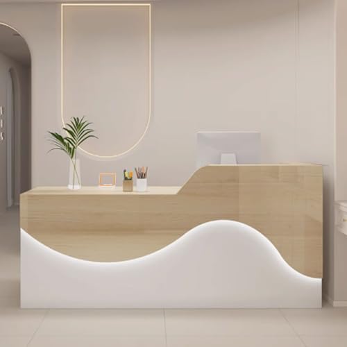 Stilvoller 120 cm moderner Empfangstisch mit weicher Beleuchtung aus Holzwerkstoff in Weiß und natürlichem Finish – idealer Arbeitsplatz für professionelle Räume von Generisch