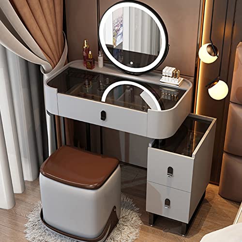 Stilvoller 127 cm Schminktisch mit LED-beleuchtetem Spiegel, Tischplatte aus gehärtetem Glas, 3 Schubladen, Aufbewahrungshocker, 3 Beleuchtungsmodi, ideal für kleine Räume, graues Finish Stilvoller 127 cm Schminktisch mit LED-beleuchtetem Spiegel, Tischplatte aus gehärtetem Glas, 3 Schubladen, Aufbewahrungshocker, 3 Beleuchtungsmodi, ideal für kleine Räume, graues Finish von Generisch