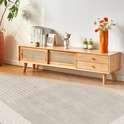 Stilvoller 47-Zoll-TV-Ständer mit Stauraum, Holz-Entertainment-Center, Medienkonsole mit 2 Schubladen, Rattantür für Wohn- und Schlafzimmermöbel (Gelb) von Generisch