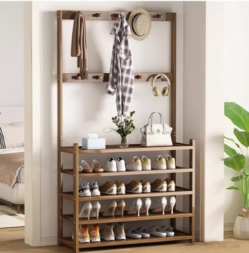 Stilvoller Flurbaum aus Holz mit 10 Haken & 5-stöckiger Schuhaufbewahrung, Eingangsgarderobe Ständer & Bank, freistehender Organizer für kleine Wohnungen & Mieten, platzsparendes Flurregal Stilvoller Flurbaum aus Holz mit 10 Haken & 5-stöckiger Schuhaufbewahrung, Eingangsgarderobe Ständer & Bank, freistehender Organizer für kleine Wohnungen & Mieten, platzsparendes Flurregal von Generisch