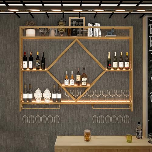 Stilvolles Gold Metall Wand Weinregal mit Glashalter & LED-Beleuchtung Schwebendes Champagnerregal für 8 Flaschen & 4 Gläser Moderne Wohnkultur (140 x 15 x 80 cm) von Generisch