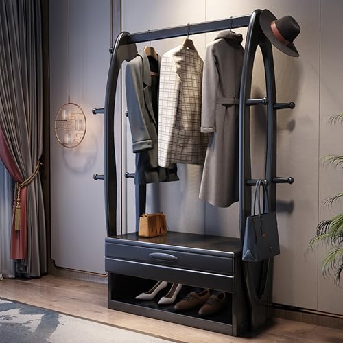 Stilvolles schwarzes Schuhregal, Ottomane für Schrank und Eingangsbereich, offene Aufbewahrungsbank mit Gummiholzgarderobe, Schublade, Seitenhaken und Platz zum Aufhängen, perfekt für Haustür Stilvolles schwarzes Schuhregal, Ottomane für Schrank und Eingangsbereich, offene Aufbewahrungsbank mit Gummiholzgarderobe, Schublade, Seitenhaken und Platz zum Aufhängen, perfekt für Haustür von Generisch