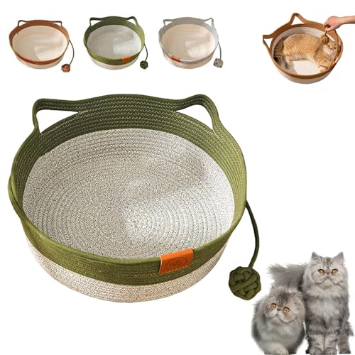 Stimulicat Cat Bed, Handwoven Cotton Rope Cat Basket with Built-in Teasing Ball, Scratchable & Breathable Round Sleeping Nest, Easy-to-Clean Pet Nest for Small Large Cats Dog (Green,Medium) von Generisch