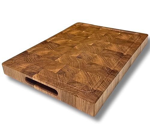 Großes Eiche Schneidebrett aus Stirnholz Stärke 4 cm Grösse 40×30×4 cm – mit Griffen, Saftrille & Silikonfüßen | Massivholz, geölt mit pflanzenbasiertem Öl, deutscher Standard von Generisch