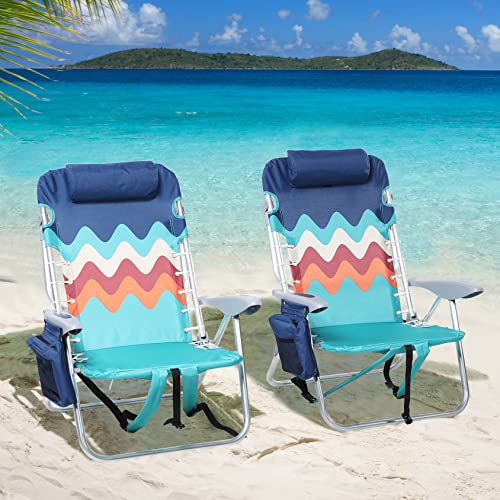 Strandkorb, 2er-Set, 4 Positionen, flach liegend, Rucksackstühle mit Kissen, gepolsterten Schultergurten, Aufbewahrungstasche, Turmstange, unterstützt 113 kg, Wellendesign von Generisch