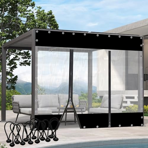 Strapazierfähige, wasserdichte, transparente PVC-Vorhänge mit Reißverschluss-Tür für den Außenbereich, schwarze Pergola, Veranda, Pavillon-Paneele (Größe: 5 x 3,5 m) von Generisch