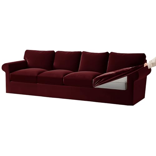 Stretch Ektorp Sofabezug mit Samtschonbezügen, Weinrot, Sofa-Couchbezug-Set für 4-Sitzer-Sofa mit separaten Sitzkissen und Rückenlehnen, Gummiband, 9-teilig von Generisch