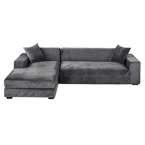 Stretch Samt Ecksofabezug 2 Stück rutschfest L-förmiger Schoner Weicher Dunkelgrau Möbelbezug für 3+3 Sitzer Ecksofas - & Pflegeleicht Stretch Samt Ecksofabezug 2 Stück rutschfest L-förmiger Schoner Weicher Dunkelgrau Möbelbezug für 3+3 Sitzer Ecksofas - & Pflegeleicht von Generisch