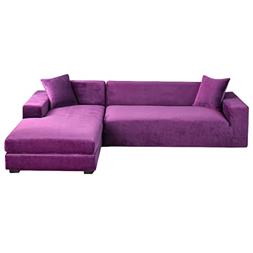 Stretch-Samt-Ecksofabezug - Rutschfester L-förmiger Schutz, 2-teilig, weicher Möbel-Schonbezug für 4+2-Sitzer, stilvoller lila Ecksofa-Schutz von Generisch