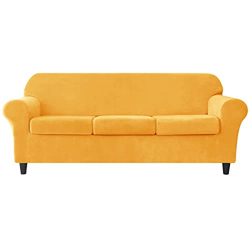Stretch-Samt-Schonbezug-Set mit 3 separaten Sitzkissenbezügen, Couch-Möbelschutz, 3-Sitzer, goldfarben von Generisch