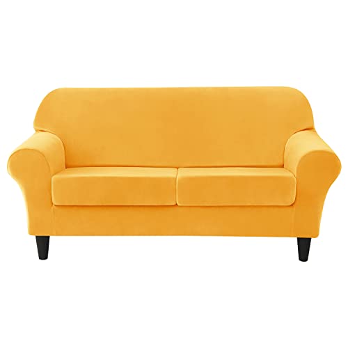 Stretch-Samt-Sofa-Schonbezug-Set, 3-teilig, 2-Sitzer-Möbelschutz mit 2 Kissenbezügen, eleganter goldfarbener Stretchbezug für Heimdekoration von Generisch