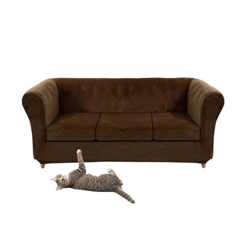 Stretch-Samt-Sofabezug Chesterfield mit Sitzkissenbezug, Vintage-Stil, Dunkelbraun, Couchbezug für geschwungene Sofasessel (3 große Sitze) von Generisch