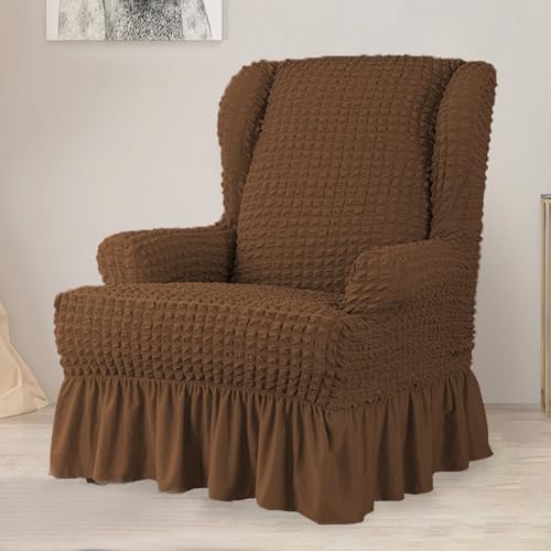 Stretch Wingback Chair Slipcover with Skirt Washable Sesselhussen for Living Room Brown Stretch Fabric Elegant Design for Sessel von Generisch