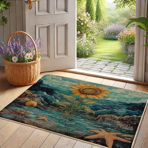 Sunflower Coastal Fußmatte, gelbes Blumenmuster, Außen- und Innenbereich, Dekoration für Frühling, Strandstil, rutschfest und leicht zu reinigen, 73,2 x 43,2 cm von Generisch