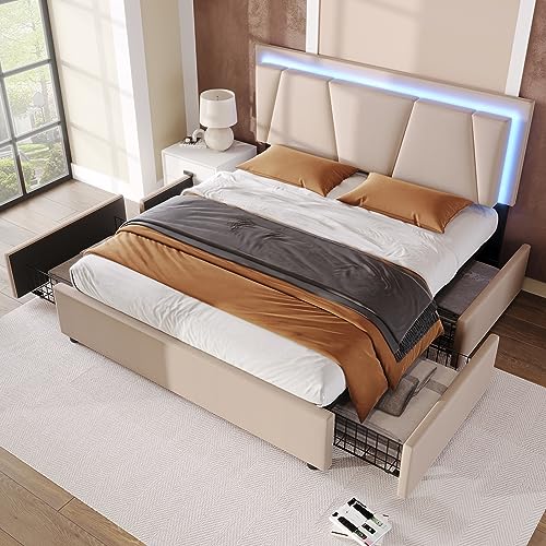TOBIDOEN Polsterbett 140 x 200 cm, Doppelbett, Multifunktionsbett mit 4 Schubladen, Kopfteil mit Farbeinstellung und Höhenverstellung, Bettgestell mit Lattenrost, Leinen und Holz, Ohne Matratze, Beige von Generisch