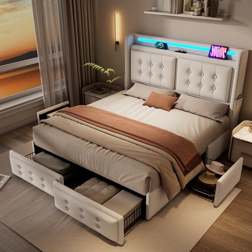 TOBIDOEN Polsterbett 140 x 200 cm, Doppelbett, Multifunktionsbett mit Smart Assist Kopfteil und 4 Schubladen, Lattenrost aus Holz und Metall, Belastbarkeit 300 kg, Ohne Matratze (Baumwolle, Beige) von Generisch