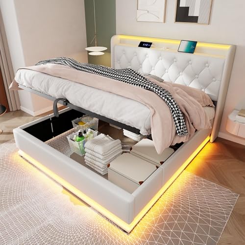 TOBIDOEN Polsterbett Doppelbett 160x200 cm LE/D Surround-Ambiente, Funktionsbett Gepolstertes Bettrahmen mit US/B Kopfteil & Großer Stauraum unter dem Bett, PU-Material (weiß, Ohne Matratze) von Generisch