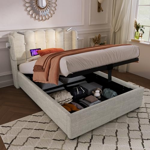 TOBIDOEN Polsterbett Einzelbett 90 x 200 cm, Gepolstertes Kopfteil Familienbett mit Stauraum, Bequem, für Schlafzimmer, Gästezimmer, Bettgestell mit Lattenrost, Ohne Matratze, Leinen, Natürlich von Generisch