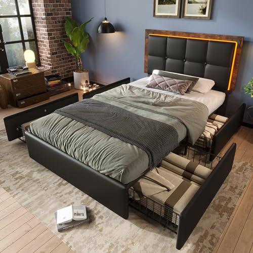 TOBIDOEN Polsterbett Einzelbett 90 x 200 cm, Multifunktionsbett, Bettgestell mit Ambienteverstellung und 4 Schubladen, Funktionsbett mit Höhenverstellbarem Kopfteil, PU, Ohne Matratze, Schwarz von Generisch