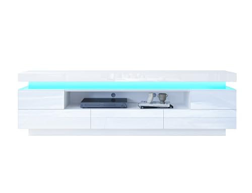 TV Schrank mit LED Licht 5 Schubladen 1 Offenes Fach für Wohnzimmermöbel Sideboard Hochglanzfront TV-Ständer Einheit Unterhaltungszentrum TV Konsole Medieneinheit Weiß 150CM von Generisch