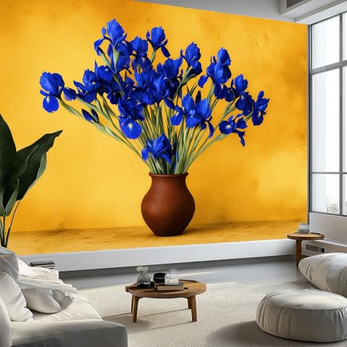 Tapete Fototapete 3d Effekt Blumen Ölgemälde Vase Blaue Iris, 200 x 140 cm (B x H) Wandbild Wanddeko für Wohnzimmer Schlafzimmer, Braun Vlies Tapeten mit Geruchsfreiheit Wandposter Wandkunst von Generisch