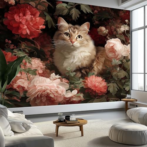 Tapete Fototapete 3d Effekt Blumen Tier Katze Ölgemälde, 400 x 280 cm (B x H) Wandbild Wanddeko für Wohnzimmer Schlafzimmer, Bunt Vlies Tapeten mit Geruchsfreiheit Wandposter Wandkunst von Generisch