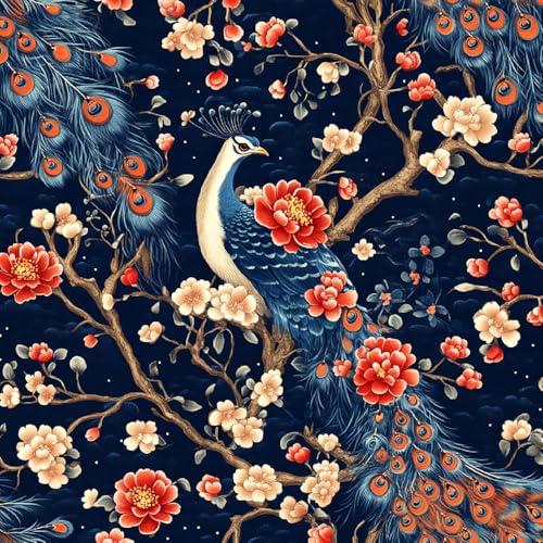 Tapete Selbstklebende Fototapete Wandpapier Pfau Blumen Folie Dekorfolie Möbelfolie Klebefolie Malerei Dekoration 44x1000 cm Wanddeko Wandtapete Wohnzimmer Schlafzimmer von Generisch