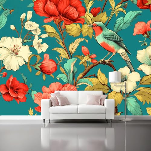Tapete Traditionell Retro Blumen Vögel, 300 x 210 cm Große Vliestapete Panorama-Tapete für Moderne Wanddeko - Blaugrün Fototapete für Wohnzimmer Erwachsene Kinderzimmer Dekoration von Generisch