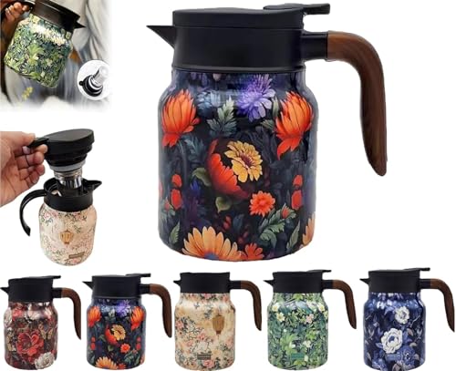 Tee-Thermoskanne mit Vintage-Blumenmuster, Mini-Heißkaffeekanne, Büro, Edelstahl, integriertes Teesieb, Edelstahl-Thermokaraffe mit Deckel für heiße Getränke (800 ml, Holzgriff) (Orange) von Generisch
