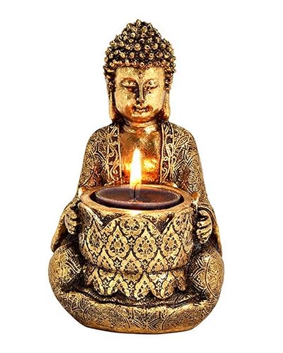 Generisch Teelichthalter Buddha aus Polyresin antik Gold (B/H/T) 8x14x9cm Figur Meditation von Generisch