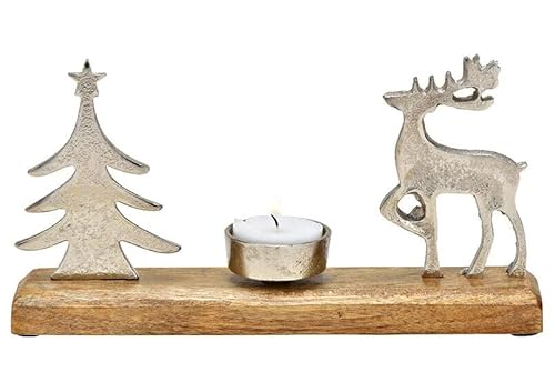 Teelichthalter Hirsch, Metallhirsch auf Mangoholz, 23x12x5 cm (B/H/T) Figur Weihnachten von Generisch