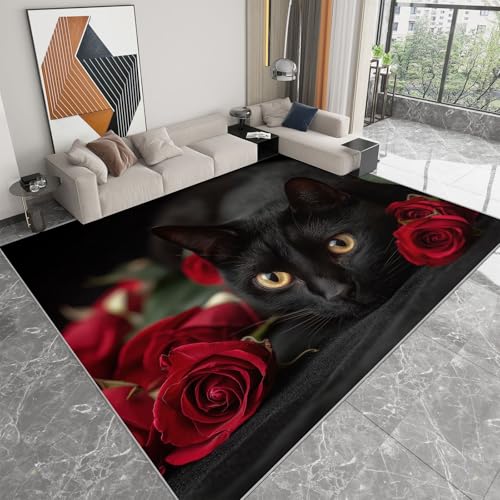 Teppich 160 x 230cm Weich rutschfest - Tierische Schwarze Katze rote Rosen Druck Muster für Dekoration Schlafzimmer Kinderzimmer Esszimmer Paarzimmer Kurzflor Teppich 160 x 230cm Weich rutschfest - Tierische Schwarze Katze rote Rosen Druck Muster für Dekoration Schlafzimmer Kinderzimmer Esszimmer Paarzimmer Kurzflor von Generisch