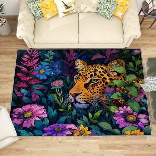 Teppich Dschungel Kinderzimmer - Teppich Wohnzimmer Schlafzimmer Leopard Kinder, Großer Teppich Tiere, Weich Kurzflor & Waschbar & rutschfest Wohnzimmerteppich, Bettvorleger 160x230 cm von Generisch