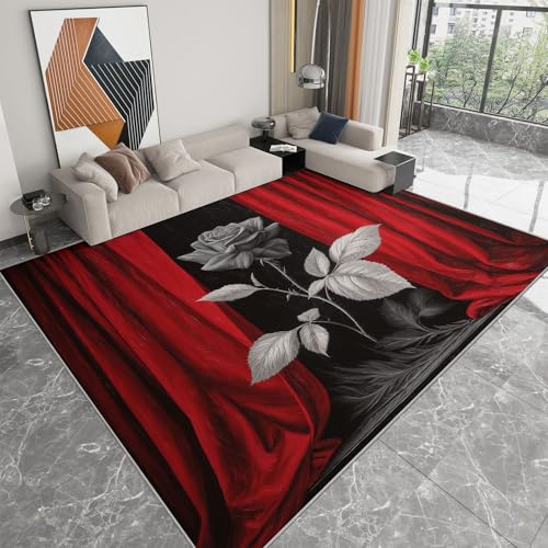 Teppich Gegend Schlafzimmer 140 x 200cm, Wohnzimmerteppich Waschküche Waschbar Carpet rutschfest Kurzflor Weich Rote Vorhänge Schwarze Rosen Teppiche für Esszimmer Küche Teppich Gegend Schlafzimmer 140 x 200cm, Wohnzimmerteppich Waschküche Waschbar Carpet rutschfest Kurzflor Weich Rote Vorhänge Schwarze Rosen Teppiche für Esszimmer Küche von Generisch