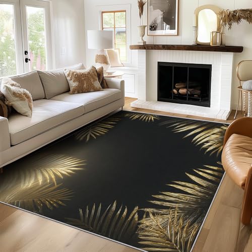 Teppich Gold Blätter Wohnzimmer 160x230 Waschbar, Modern Pflanzen Teppiche Gegend Schlafzimmer Deko & Wohnaccessoires, Kurzflor Teppich, Weich, rutschfest Bettvorleger Teppich Gold Blätter Wohnzimmer 160x230 Waschbar, Modern Pflanzen Teppiche Gegend Schlafzimmer Deko & Wohnaccessoires, Kurzflor Teppich, Weich, rutschfest Bettvorleger von Generisch