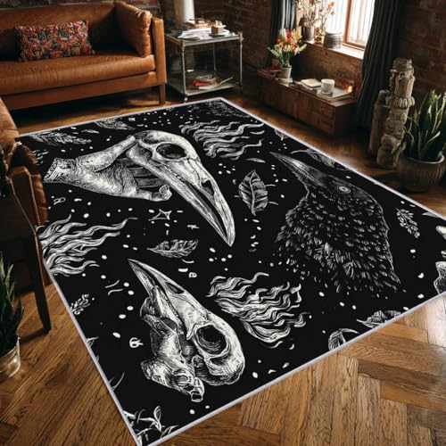 Teppich Gothic Schwarz Wohnzimmer 100x150 Waschbar, Bettvorleger Vögel Rabe Totenkopf Teppiche Gegend Schlafzimmer Deko & Wohnaccessoires, Kurzflor Teppich Weich rutschfest, FD4301 von Generisch