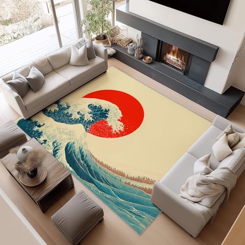 Teppich Japanische Welle Rote Sonne Landschaft für Teenager Mädchen Kurzflor Teppiche, Schlafzimmer Wohnzimmer Innenmatte - Waschbar Beige rutschfeste Matte 180x240 cm Krabbelmatte für Kinder von Generisch