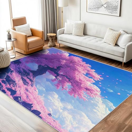 Teppich Japanischer Kirschblüten Wohnzimmer 200x250 Waschbar Mit Muster Blau Wolken Himmel Teppiche Gegend Schlafzimmer Deko & Wohnaccessoires, Kurzflor Teppich Weich rutschfest Bettvorleger, FD3595 von Generisch