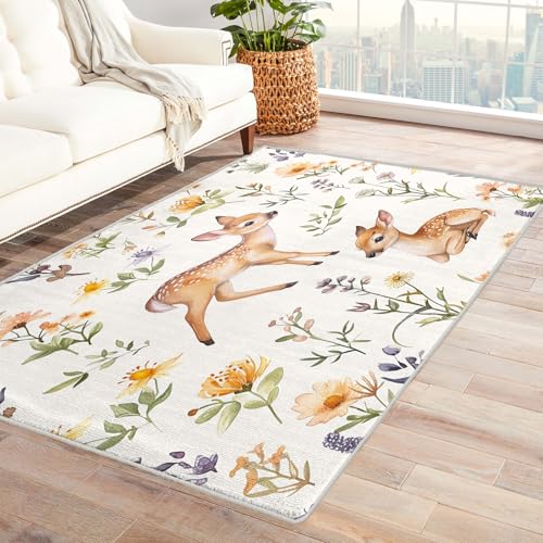Teppich Kinderzimmer REH - Teppich Wohnzimmer Schlafzimmer Blumen, Kleiner Teppich Kinder Waldtiere, Weich Kurzflor & Waschbar & rutschfest Fussmatte Innen, Kinderteppich 60x90 cm von Generisch