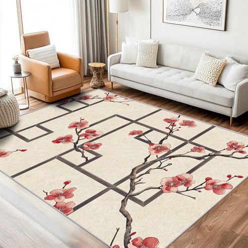 Teppich Kirschblüten Wohnzimmer 100x150 Waschbar, Bettvorleger Japanischer Stil Chinesischer Teppiche Gegend Schlafzimmer Deko & Wohnaccessoires, Kurzflor Teppich Weich rutschfest, FD3360 von Generisch