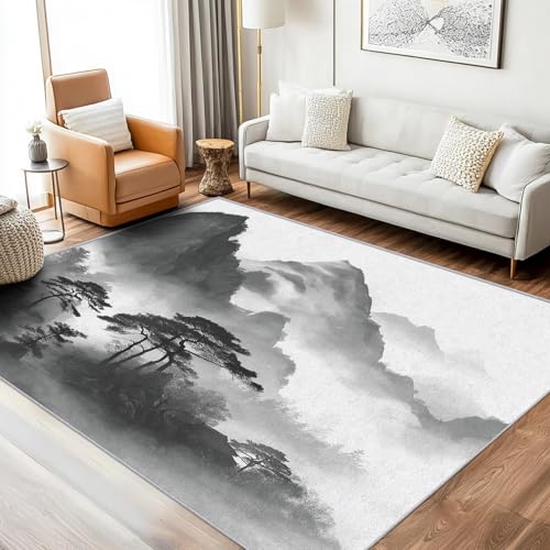 Teppich Kunst Chinesische Wohnzimmer 200x250 Waschbar, Grau Baum Berg Teppiche Gegend Schlafzimmer Deko & Wohnaccessoires, Kurzflor Teppich, Weich, rutschfest Bettvorleger von Generisch