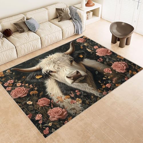 Teppich Kurzflor 120x180 cm Muster Kuh GehöRnte Blumen 3D Druck Teppiche Gegend Maschinenwaschbarer Rutschfester Carpet Aus Kaschmirimitatwarm Und Bequem Wohnzimmer Kinderzimmer Arbeitsbereich von Generisch