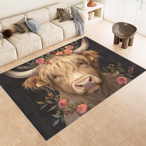 Teppich Kurzflor 120x180 cm Muster Kuh GehöRnte Blumen 3D Druck Teppiche Gegend Maschinenwaschbarer Rutschfester Carpet Aus Kaschmirimitatwarm Und Bequem Wohnzimmer Kinderzimmer Arbeitsbereich von Generisch