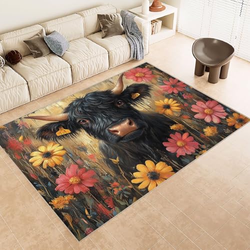 Teppich Kurzflor 120x180 cm Muster Kuh GehöRnte Blumen 3D Druck Teppiche Gegend Maschinenwaschbarer Rutschfester Carpet Aus Kaschmirimitatwarm Und Bequem Wohnzimmer Kinderzimmer Arbeitsbereich von Generisch